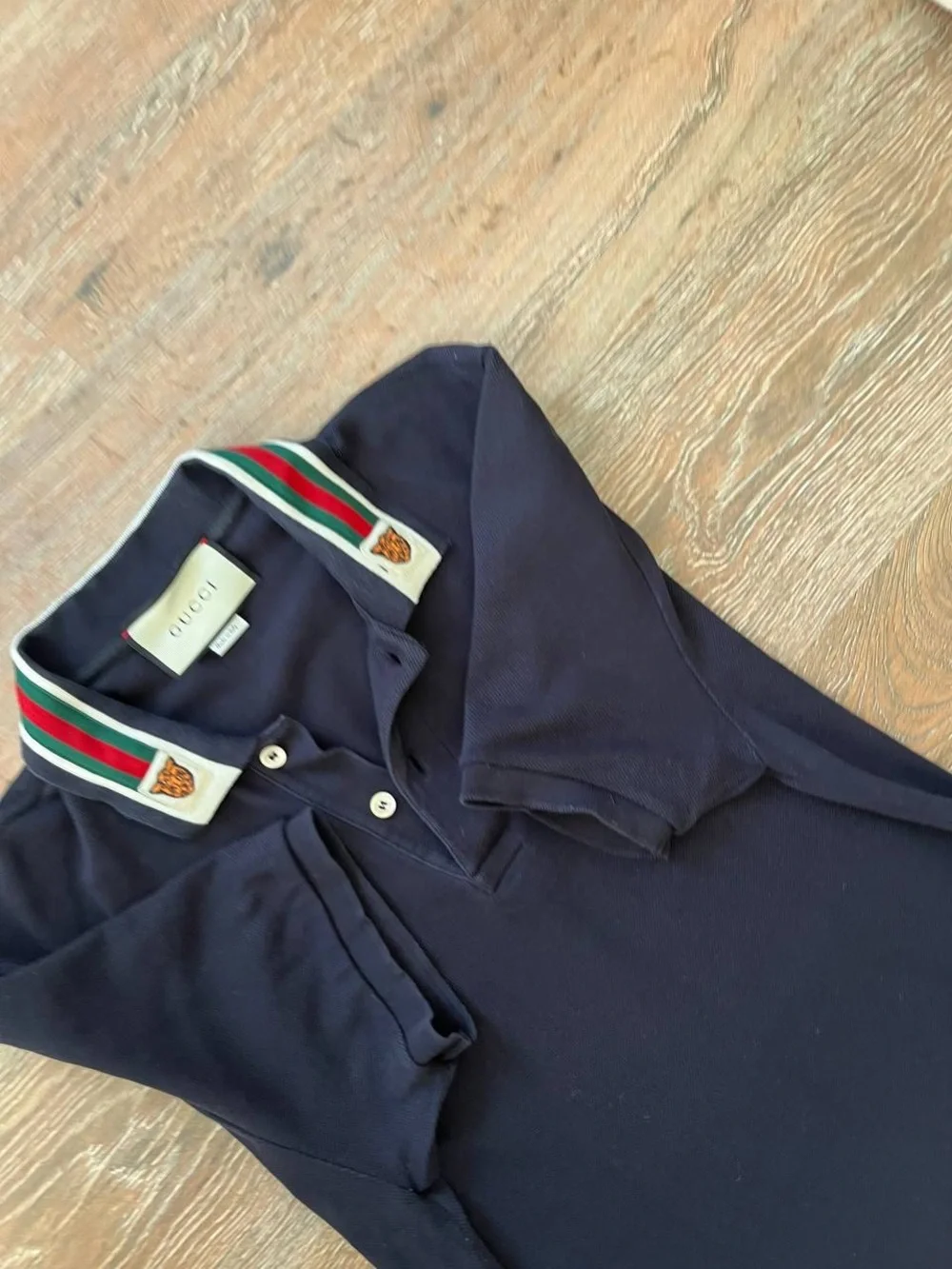 Gucci Navy Polo with Web and Tiger Collar Patches